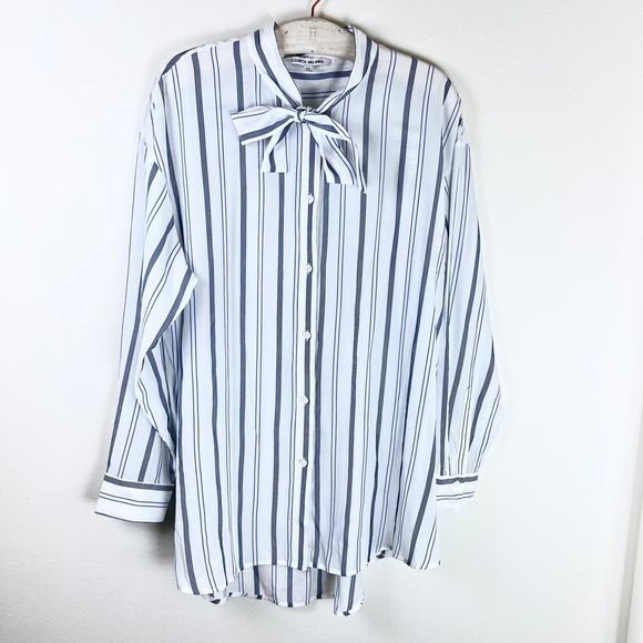Elizabeth and James Tie Neck Button Down Shirt Blue White Striped Long Sleeve - Picture 2 of 7